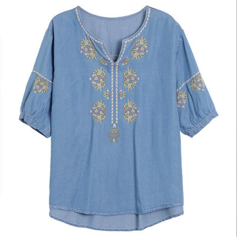 Dam Retro Lös Blommor Broderi Tencel T-shirt