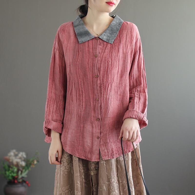 Dam Retro Lös Lapel Linne Blus
