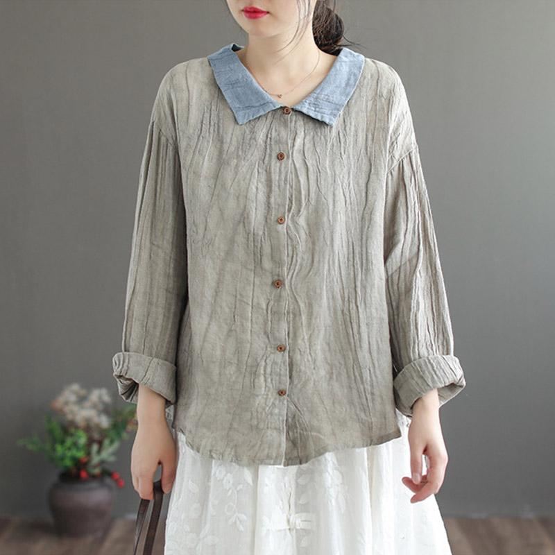 Dam Retro Lös Lapel Linne Blus