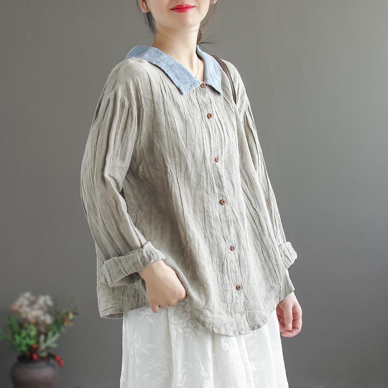 Dam Retro Lös Lapel Linne Blus