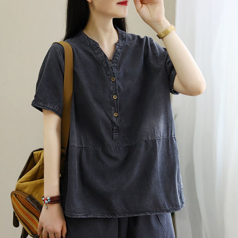 Dam Sommar Mode Lös Tencel Cotton Denim T-shirt