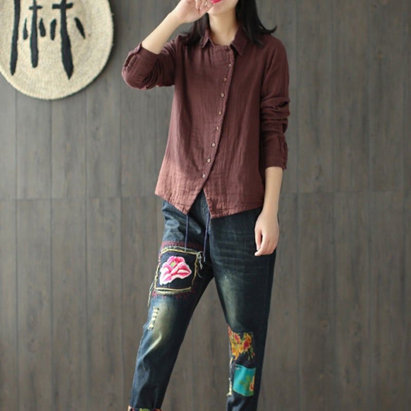 Dam Spring Retro Irregular Casual Lös Blus