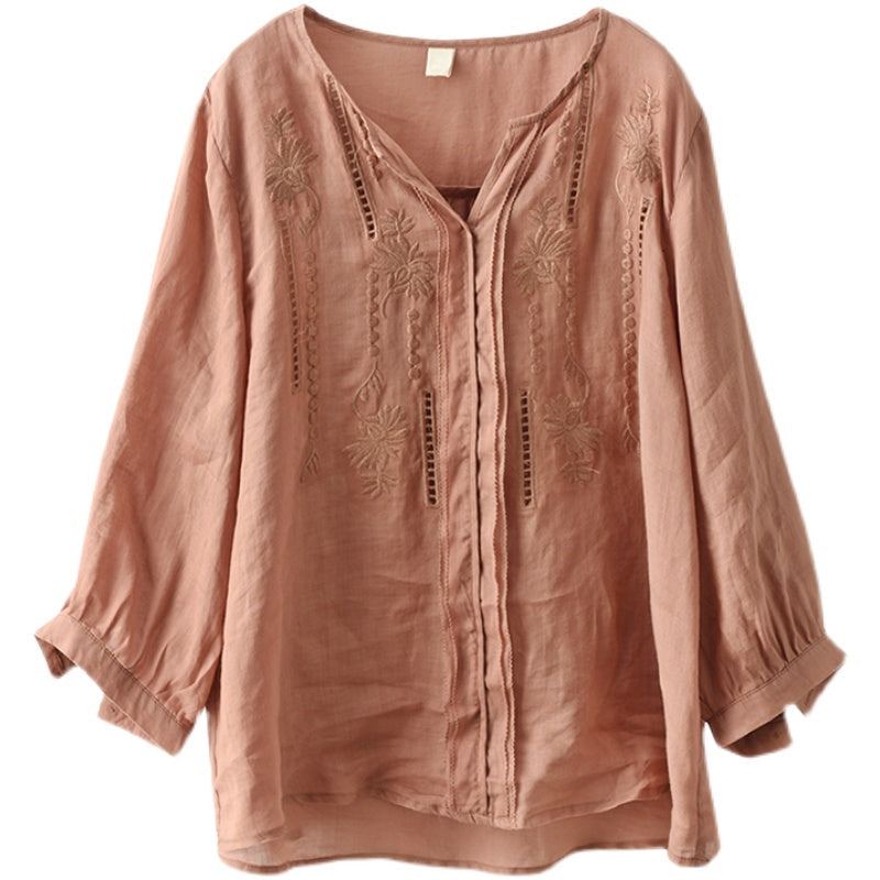 Dam Vår Retro Blommig Broderi Linne Blus