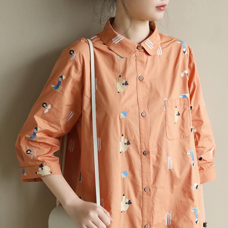 Lös Casual Broderi Orange Mellanlång Skjortklänning