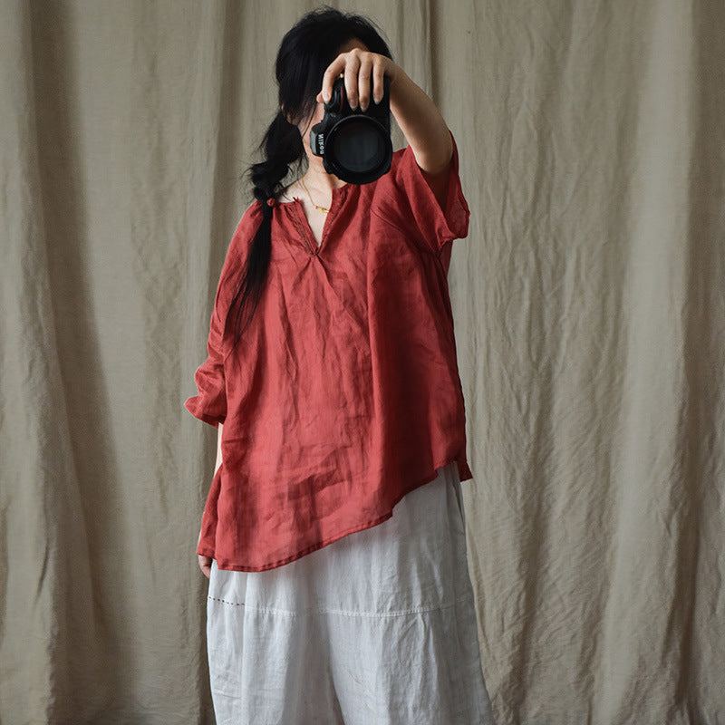 Plus Size Summer Dam Retro Lös Casual Solid Blus