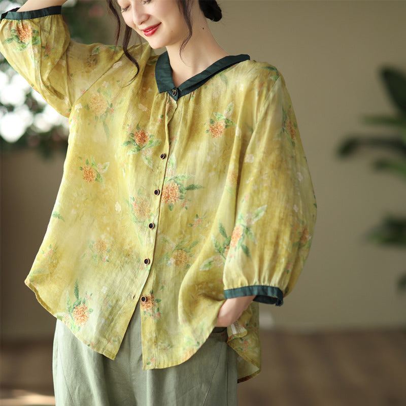 Sommar Dam Retro Tunn Linne Blommig Blus