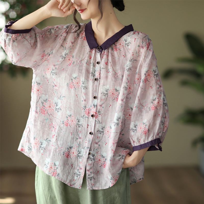 Sommar Dam Retro Tunn Linne Blommig Blus
