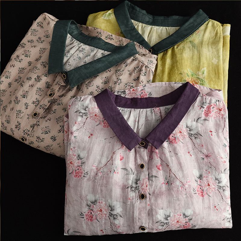 Sommar Dam Retro Tunn Linne Blommig Blus