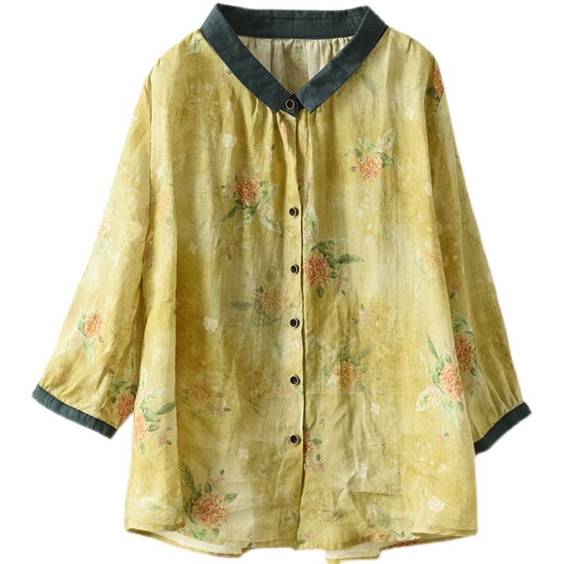 Sommar Dam Retro Tunn Linne Blommig Blus