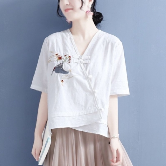 Sommar Lös Vintage Broderi Bomull Linne Blus