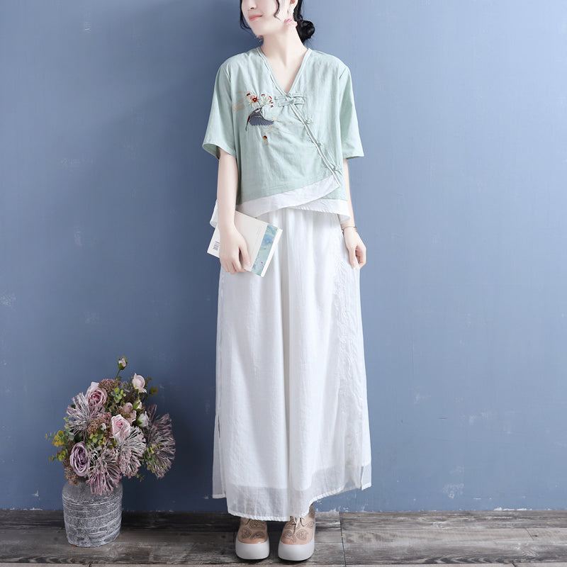 Sommar Lös Vintage Broderi Bomull Linne Blus