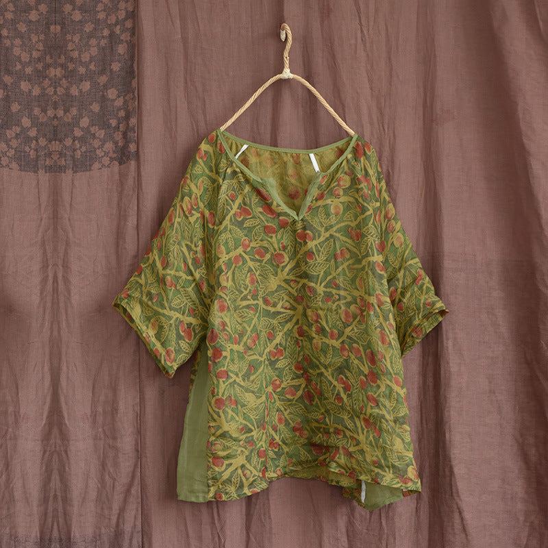 Sommar Retro Blommönster Linne Lös Blus