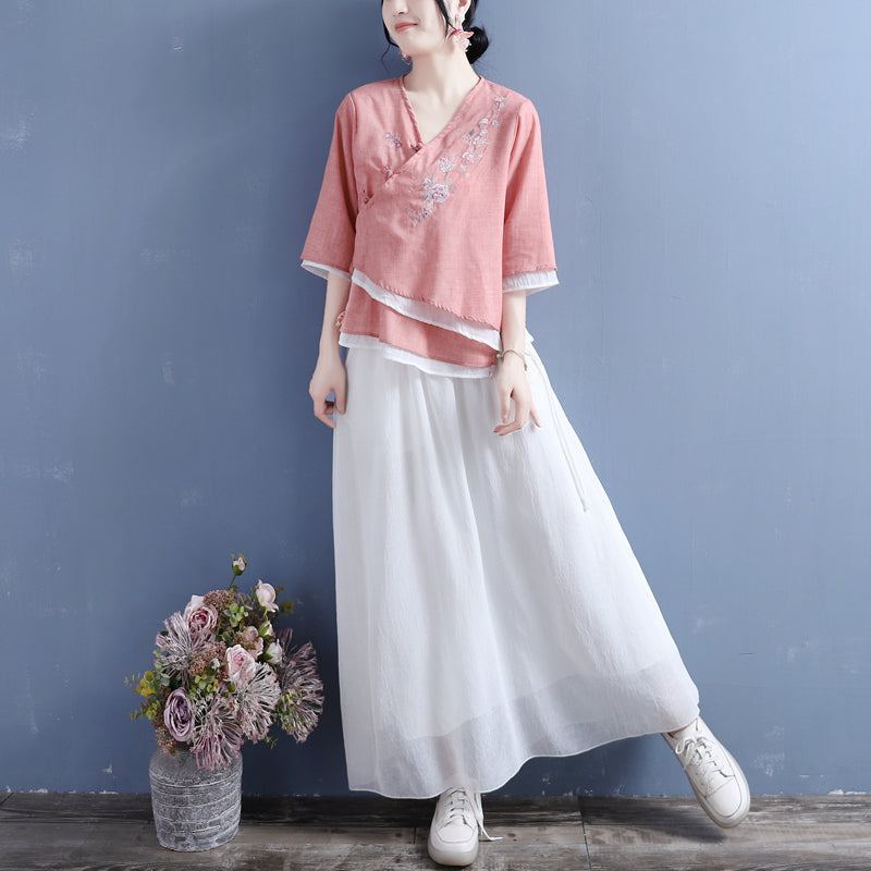 Sommar Vintage Blommig Broderi Blus Med Oregelbunden Krage