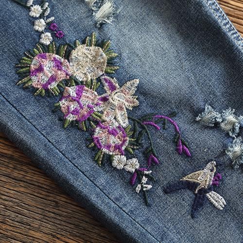 Etnisk Elastisk Midja Broderade Blomjeans