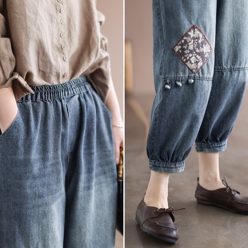 Kvinnor Vår Retro Broderi Lösa Bomullsjeans