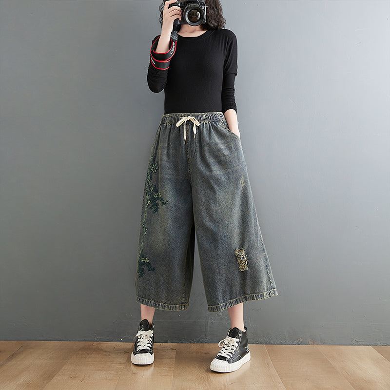 Spring Retro Brodery Floral Ripped Loose Jeans