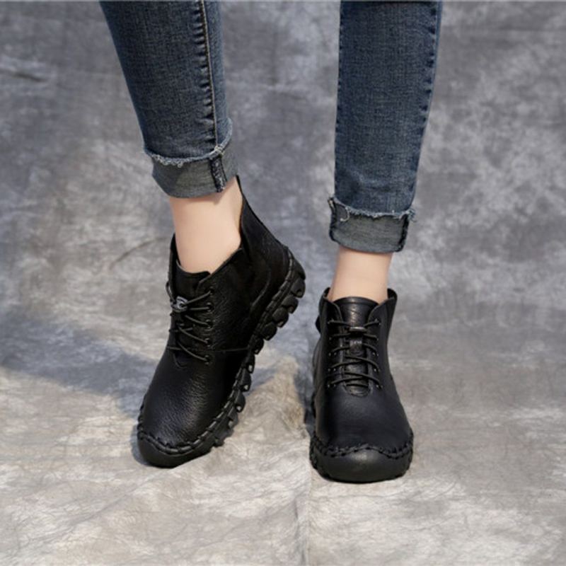 Höst Vinter Mjukt Handgjort Läder Dam Retro Plus Velvet Boots