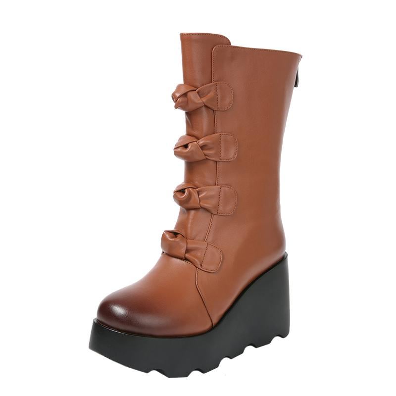 Höst Vinter Retro Round Head Wedge Läderstövlar