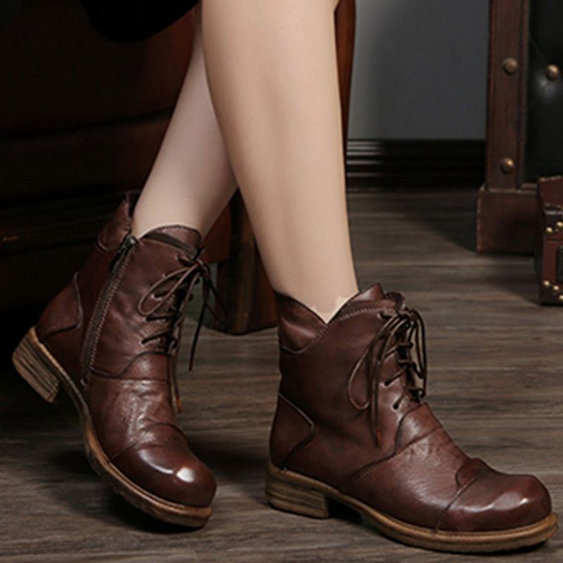 Lace Up Läder Chunky Heels Martin Boots Stövlar