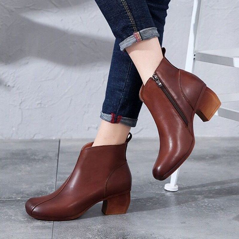 Läder Solid Side Zippers Chunky Heels Boots