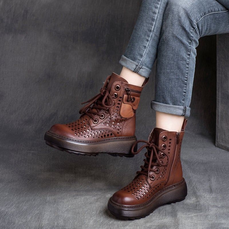 Spring Leather Retro Hollow Handgjorda Stövlar