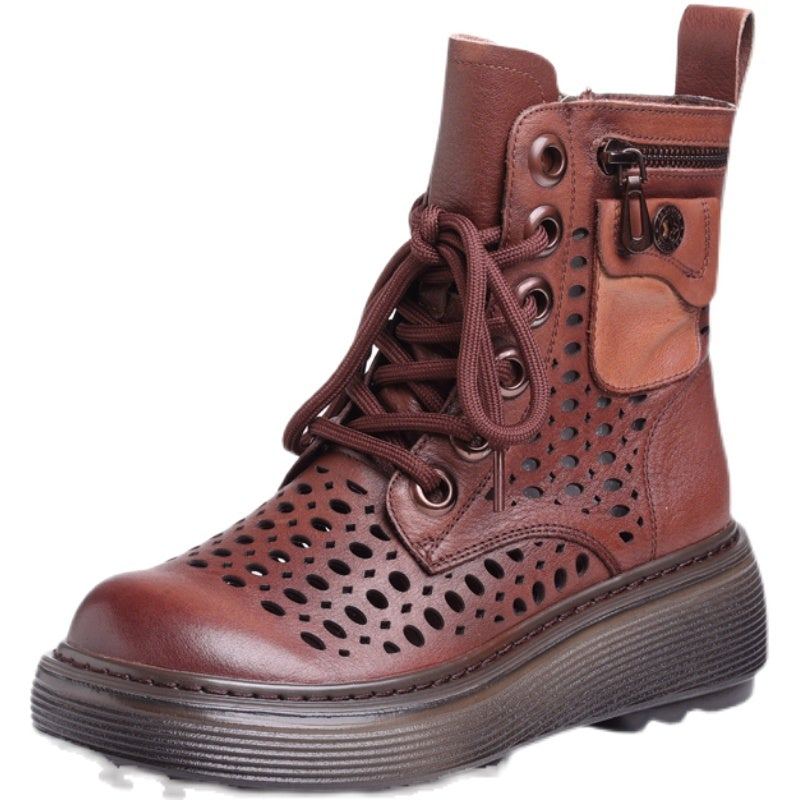 Spring Leather Retro Hollow Handgjorda Stövlar