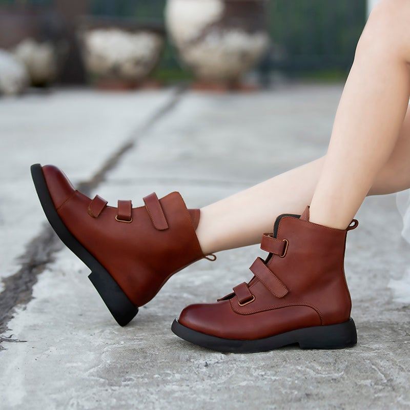 Vår Höst Vintage Kardborre Läder Casual Stövlar Boots
