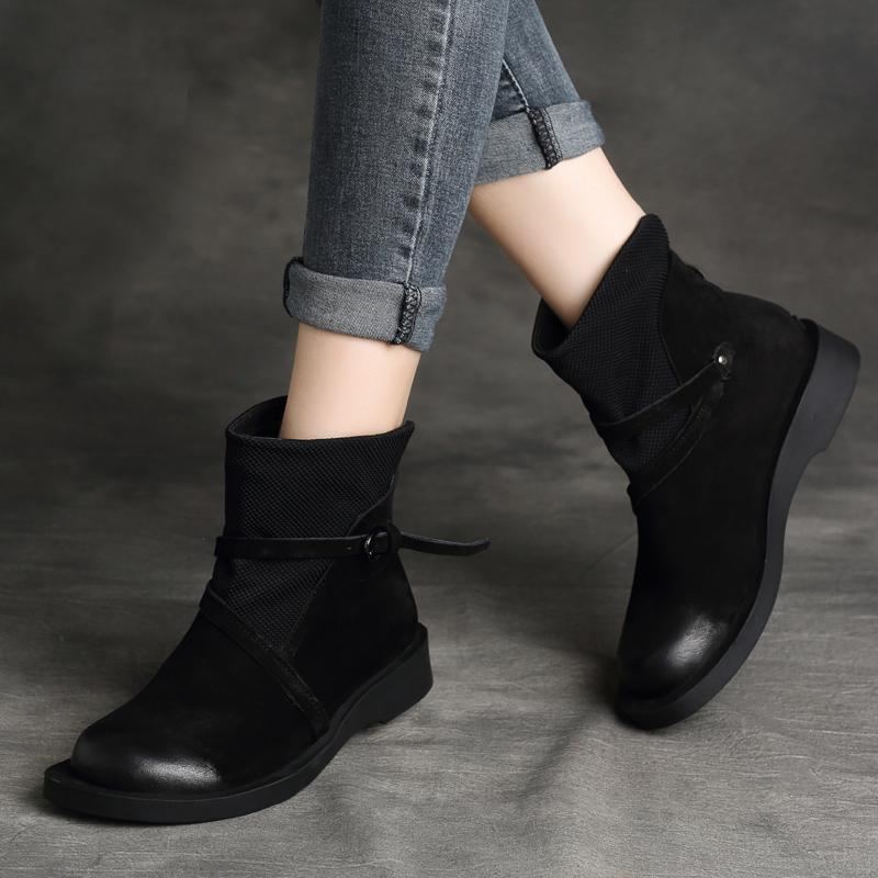 Vintage Läder Paneled Platta Skor Martin Boots Stövlar