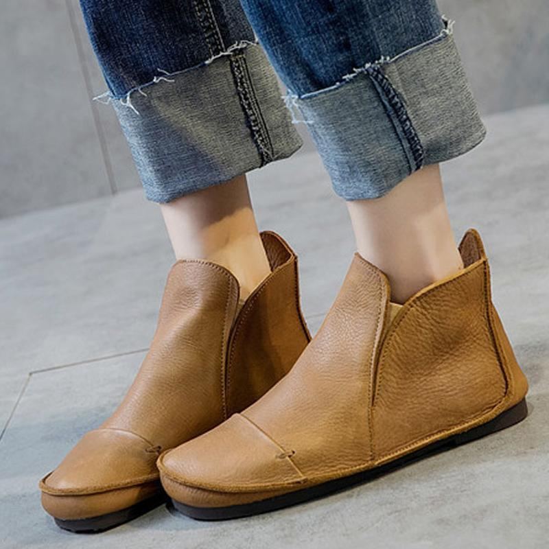 Vintage Läder Sömnad Slip On Round Toe Boots