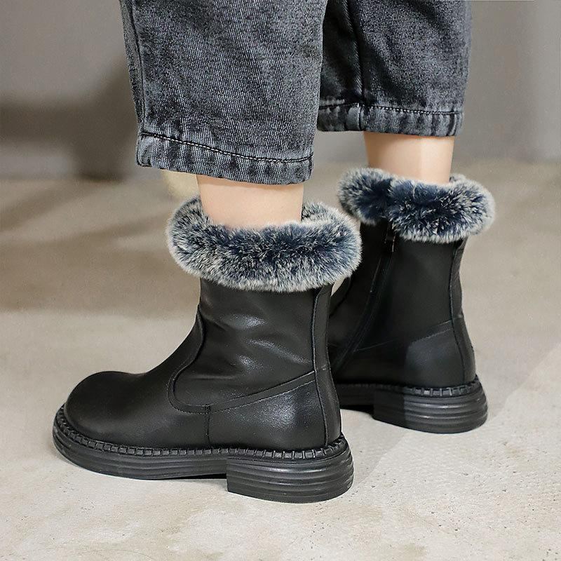 Vinter Retro Läder Plysch Casual Fuskpälsstövlar