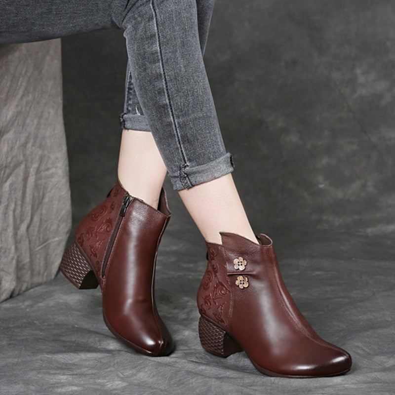 Vinterplysch Retro Läder Blomdekoration Casual Stövlar Boots