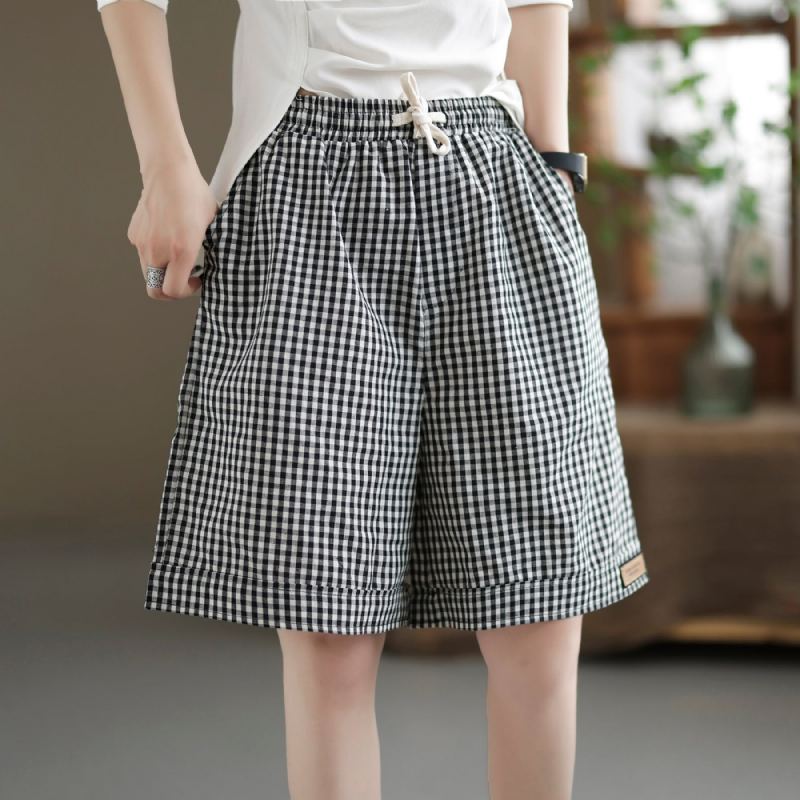 Dam Sommar Bomull Linne Lösa Plädade Shorts