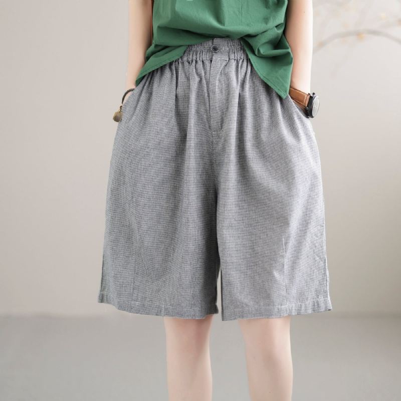 Summer Retro Pläd Lösa Shorts I Bomullslinne