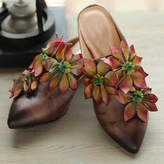 Blommor Retro Almond Toe Chunky Heels Tofflor 35-41