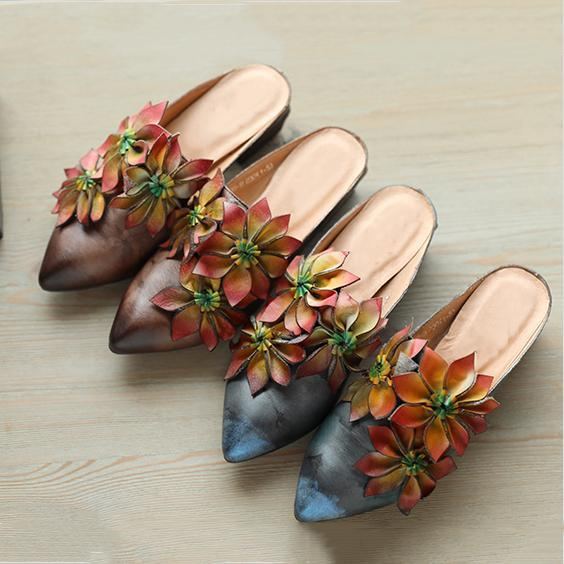 Blommor Retro Almond Toe Chunky Heels Tofflor 35-41