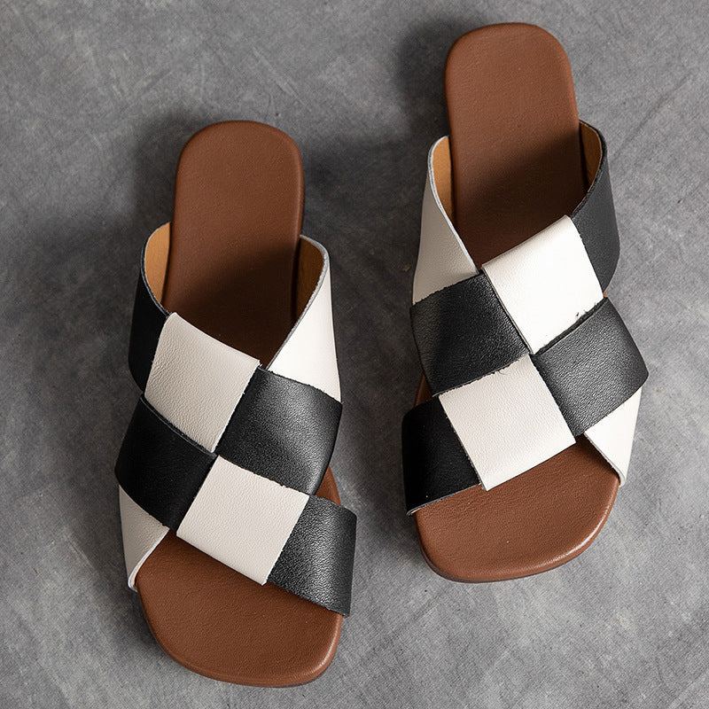 Dam Sommar Retro Woven Läder Casual Tofflor