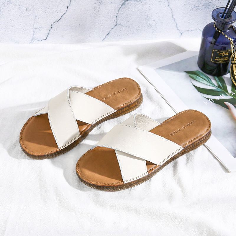 Kvinnor Sommar Vintage Mode Läder Flat Tofflor