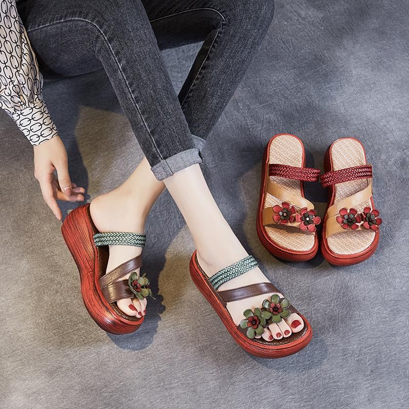 Retro Casual Handgjorda Läderblommiga Plattformssandaler