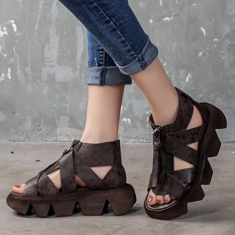 Retro Tjocksula Platform Läder Sandaler Skor