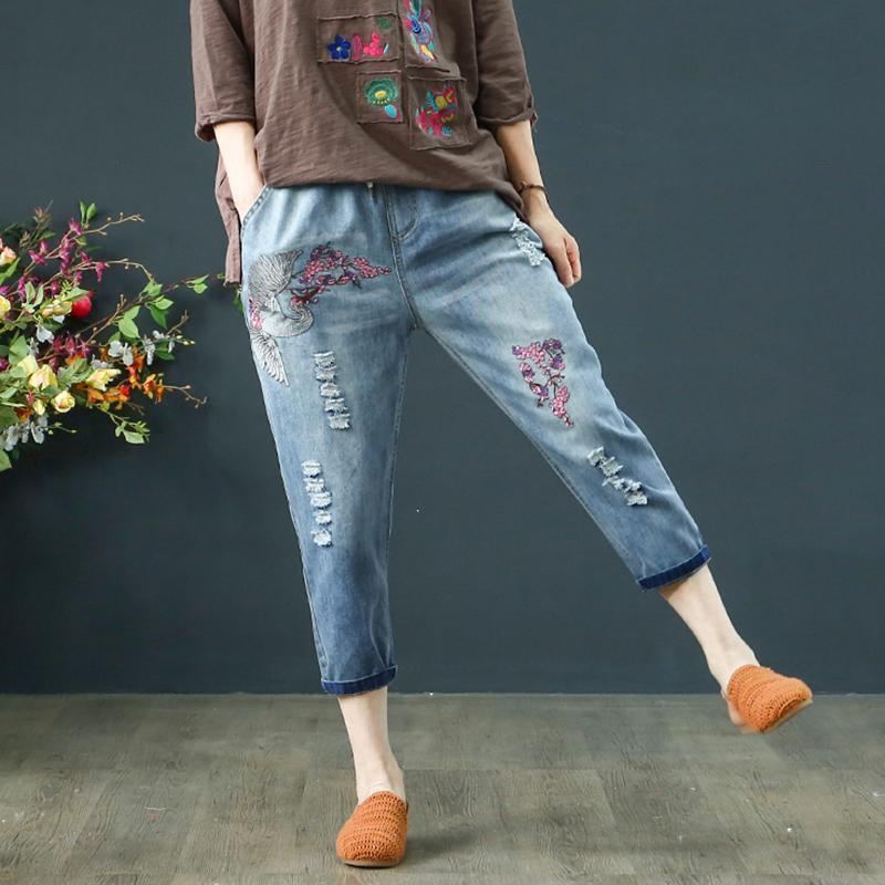 Blommiga Broderier Distressed Elastiska Midjebyxor