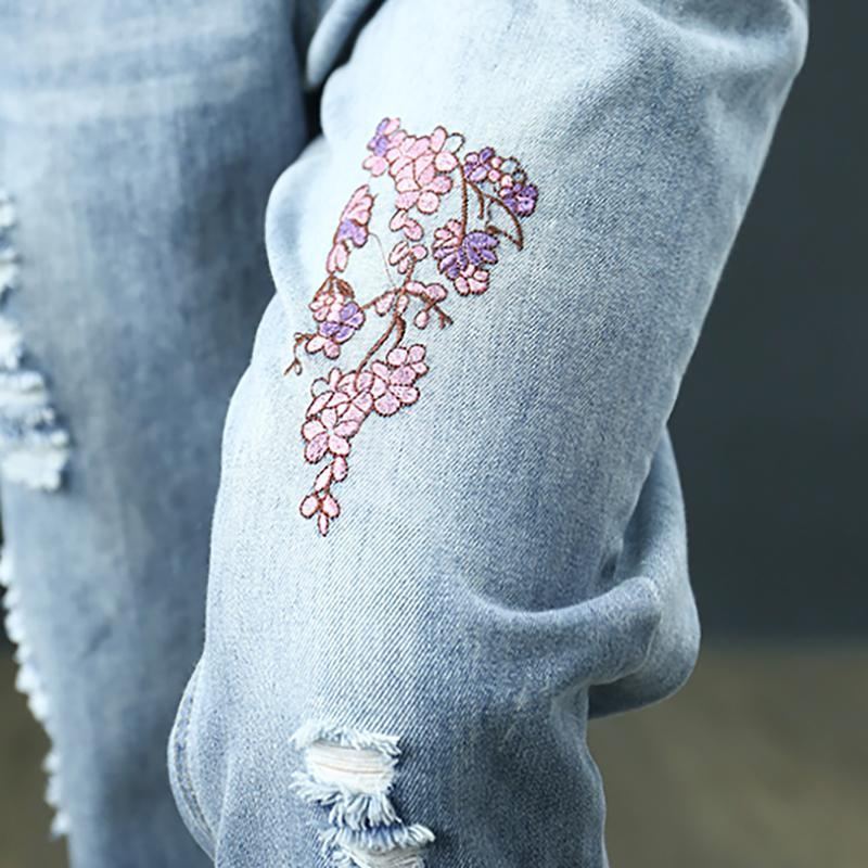 Blommiga Broderier Distressed Elastiska Midjebyxor