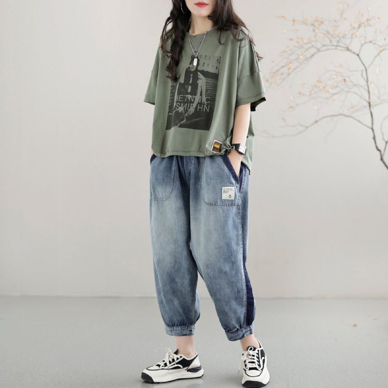 Dam Casual Lösa Patchwork Tunna Sommarjeans