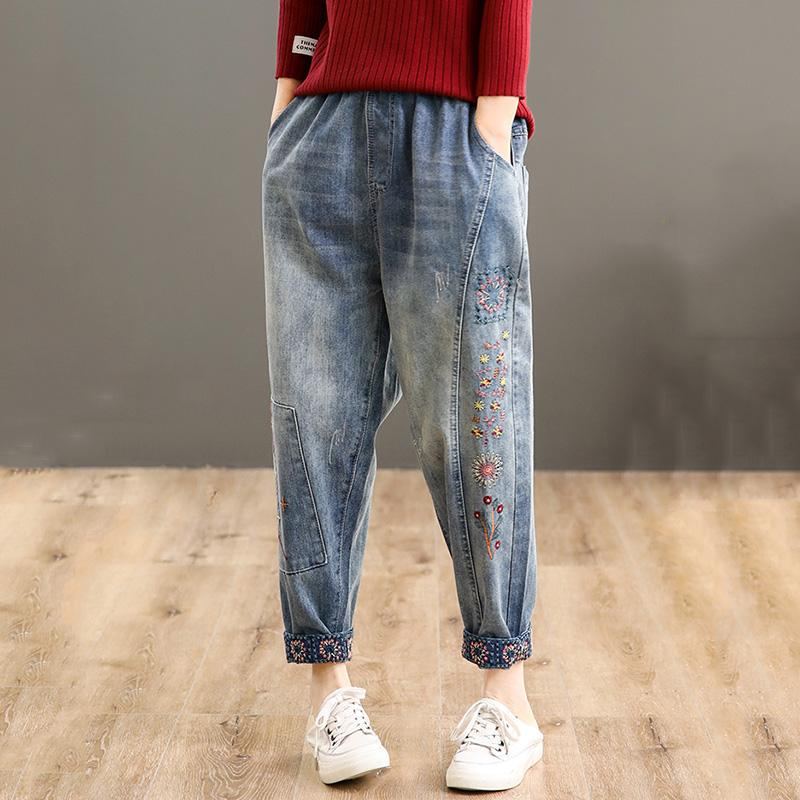 Retro Broderi High Waist Denim Harem Byxor