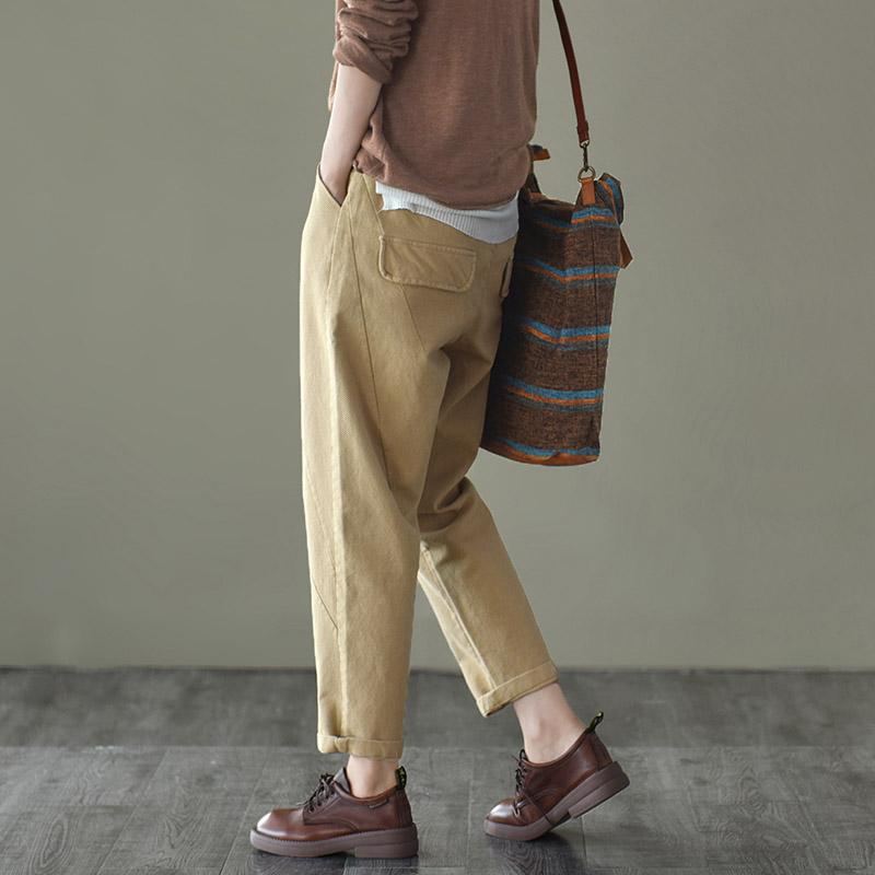 Retro Elastisk Midja Casual Bomullsbyxor