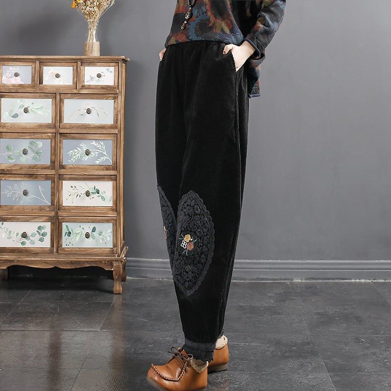 Spring Vintage Broderad Spets Manchester Lösa Harem Byxor