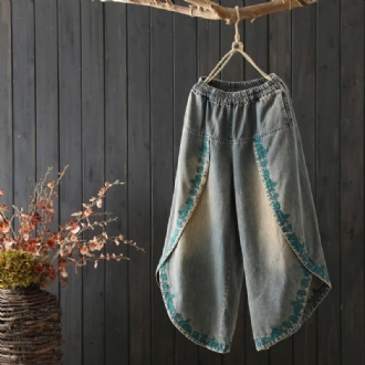 Vintage Broderade Lös Denim Byxor Med Vida Ben