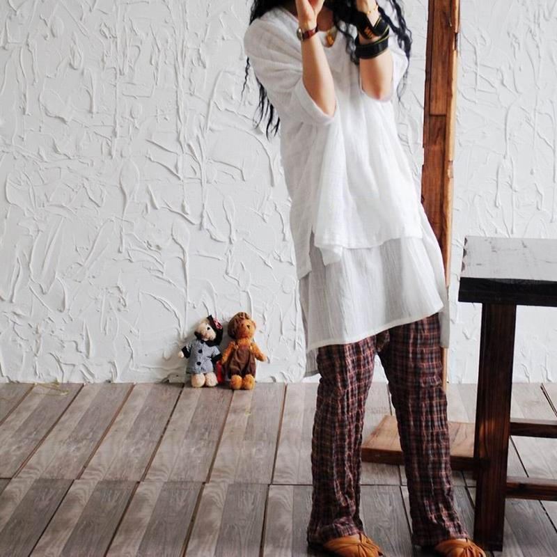 Vintage Linne Casual Pläd Elastisk Midja Korsbyxor